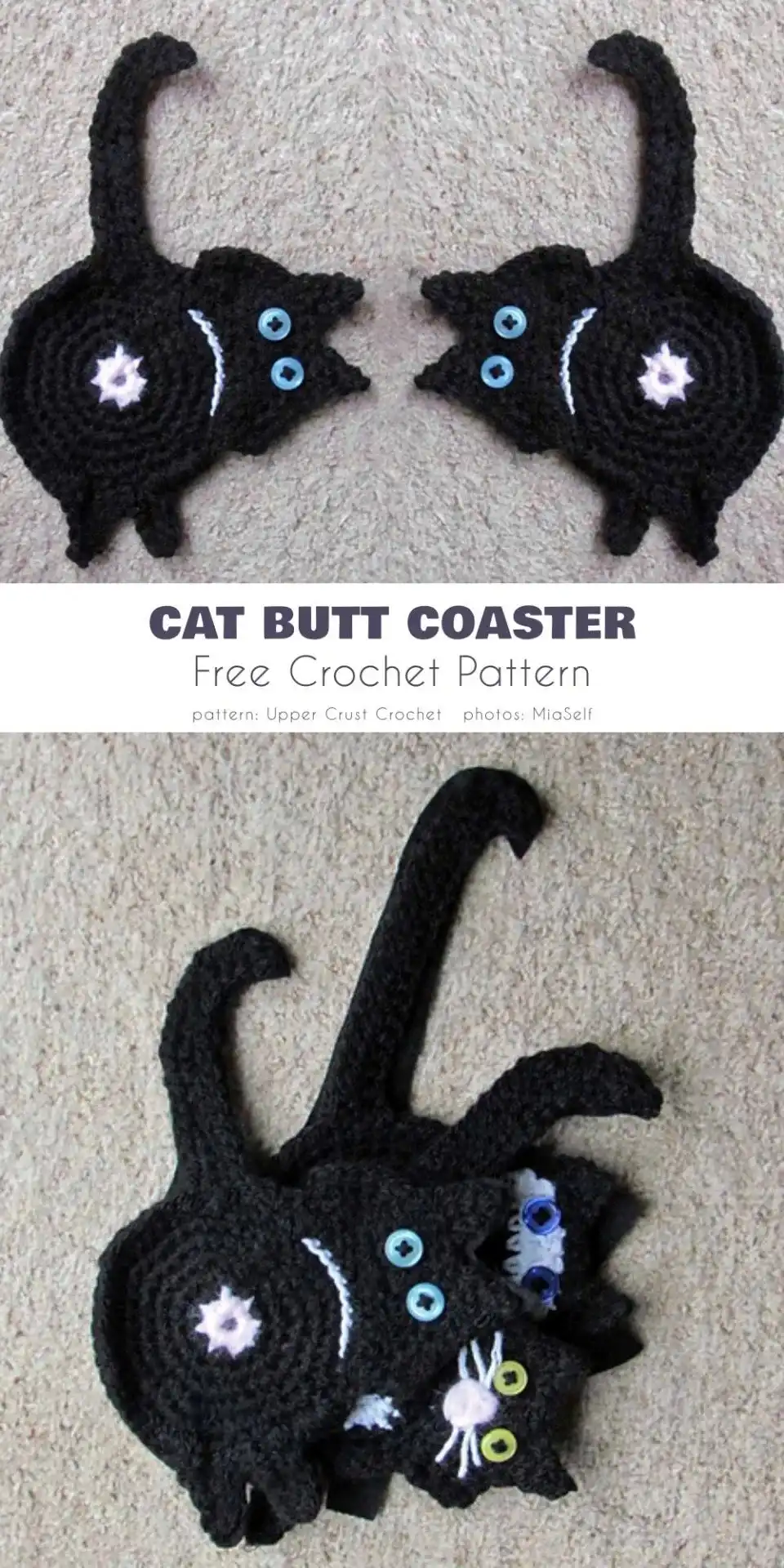 The 15+ Best Animal Coaster Free Crochet Patterns 2 Close-up overhead shot of various worsted weight cotton yarn skeins in beige, cream, and black, alongside a 4.0mm crochet hook, scissors, and a tapestry needle, laid out as materials for The 15+ Best Animal Coaster Free Crochet Patterns.