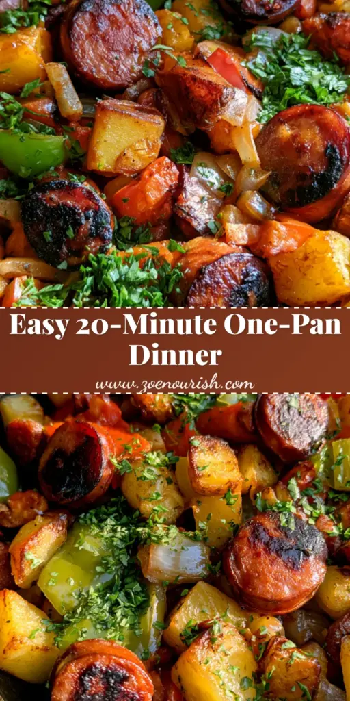 Smoked Sausage and Potato Skillet: The Ultimate One-Pan Comfort Meal 4 A black cast iron skillet filled with Smoked Sausage and Potato Skillet, featuring crispy golden potatoes and charred peppers.