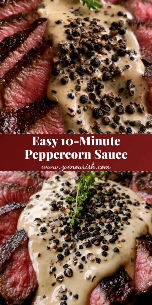 Creamy Peppercorn Sauce: The Ultimate Steakhouse Secret at Home 4 A top-down shot of sliced medium-rare steak on a rustic plate, topped with thick beige Creamy Peppercorn Sauce, whole peppercorns, and a thyme sprig.