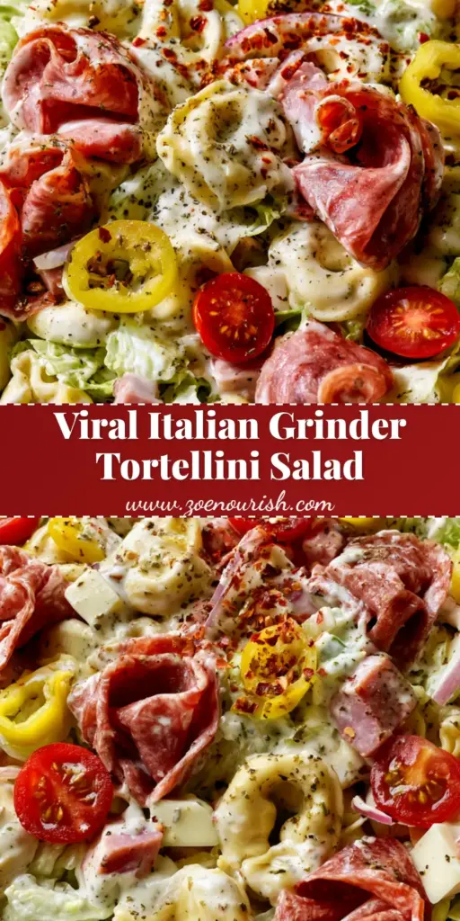 Italian Grinder Tortellini Salad: The Ultimate Creamy Pasta Salad 4 A top-down view of Italian Grinder Tortellini Salad in a white bowl showing creamy dressing, salami, and peppers.