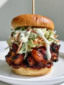 Handheld smartphone photo of a Honey Chipotle Chicken Slider with charred chicken, crunchy slaw, and orange carrot strips.