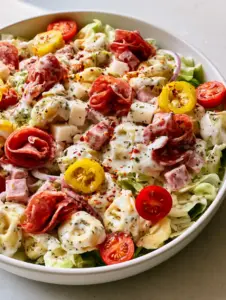 A large white bowl filled with plump cheese tortellini, folded salami, and shredded lettuce in a creamy dressing. (Italian Grinder Tortellini Salad)