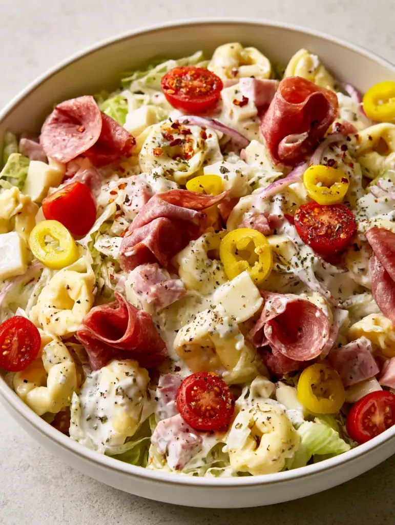 Italian Grinder Tortellini Salad: The Ultimate Creamy Pasta Salad 1 Italian Grinder Tortellini Salad showing detailed layers of diced ham, provolone cubes, and vibrant banana peppers.