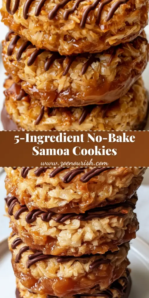 No-Bake Samoa Cookies: Chewy Caramel and Toasted Coconut Rings 3 A stack of No-Bake Samoa Cookies on a white ceramic plate, showing the dark chocolate base, amber caramel, toasted coconut, and chocolate drizzle.