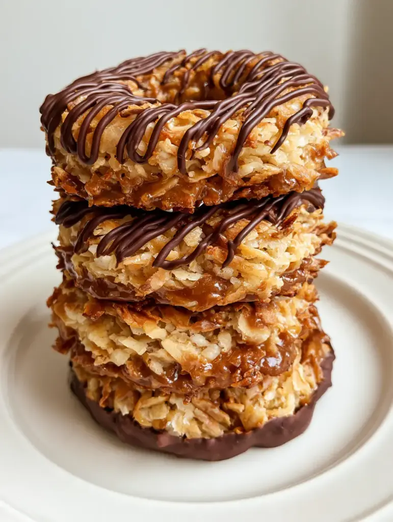 Close-up overhead shot of homemade No-Bake Samoa Cookies stacked on a white plate.