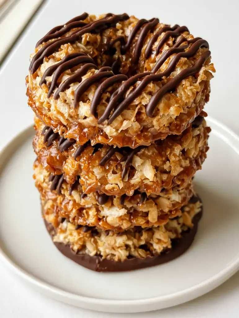 No-Bake Samoa Cookies: Chewy Caramel and Toasted Coconut Rings 1 Macro shot of a No-Bake Samoa Cookie highlighting the textured coconut and dark chocolate zigzag drizzle.