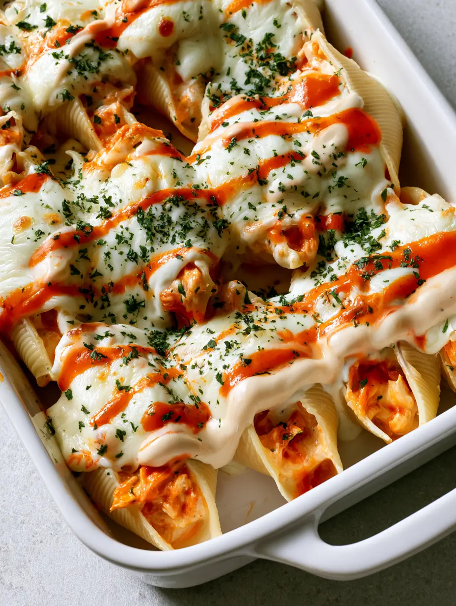 Buffalo Chicken Stuffed Shells: The Ultimate Cheesy Comfort Food 4 A handheld smartphone photo showing a white rectangular ceramic baking dish overflowing with creamy Buffalo Chicken Stuffed Shells topped with melted bubbly cheese.