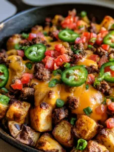Close up of Cheesy Taco Potatoes showing the texture of crispy roasted potatoes and gooey melted cheddar cheese.