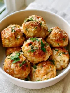 Close-up of golden-brown baked Chicken Ricotta Meatballs in a white bowl showing herb flecks. (Chicken Ricotta Meatballs)