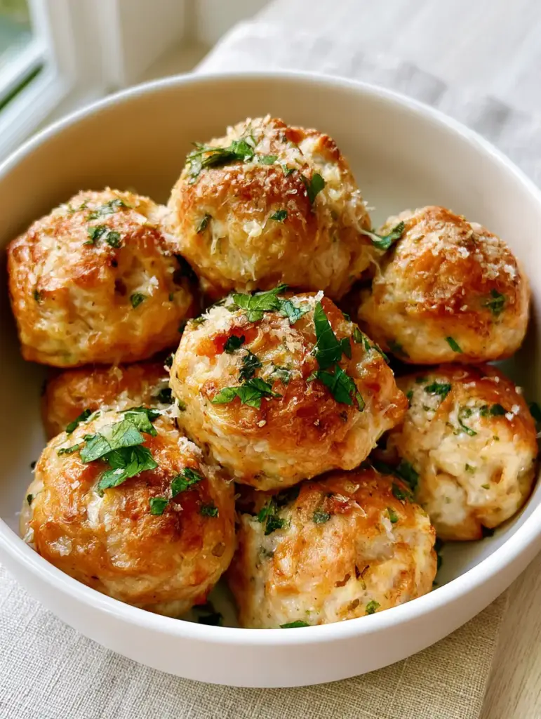 Close-up of golden-brown baked Chicken Ricotta Meatballs in a white bowl showing herb flecks. (Chicken Ricotta Meatballs)