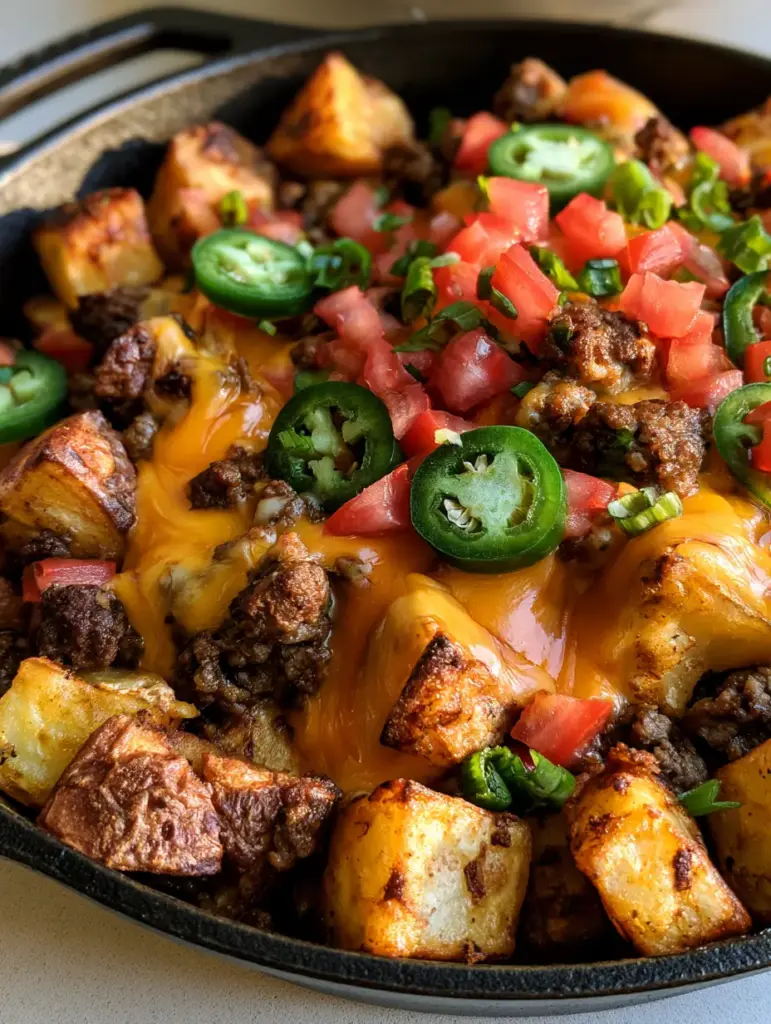 Cheesy Taco Potatoes: Crispy Skillet Taco Potato Bake 1 Overhead view of a cast iron skillet filled with Cheesy Taco Potatoes topped with green onions and fresh red tomatoes.