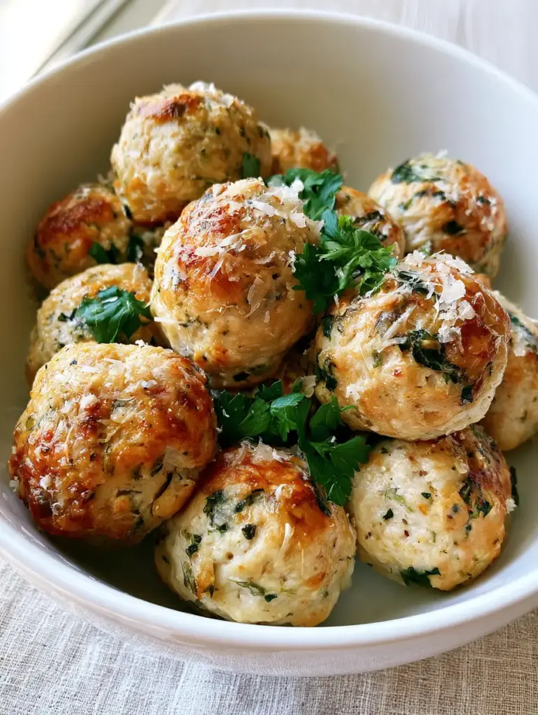 Chicken Ricotta Meatballs: Tender, Golden-Brown, and Perfectly Baked 1 Overhead view of several moist chicken meatballs arranged in a white ceramic bowl. (Chicken Ricotta Meatballs)