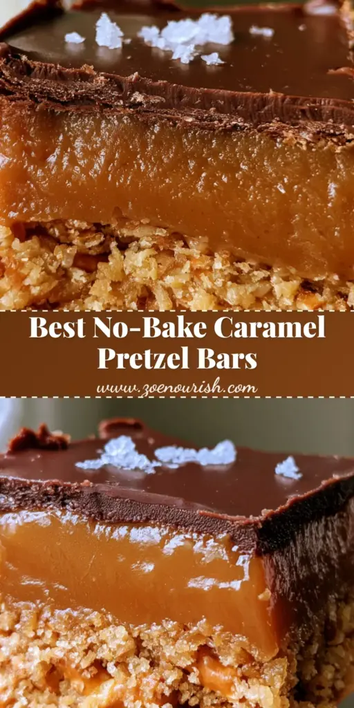 No-Bake Salted Caramel Pretzel Bars with Dark Chocolate 4 A stack of three-layered No-Bake Salted Caramel Pretzel Bars showing the crunchy pretzel base, amber caramel, and dark chocolate topping with sea salt.