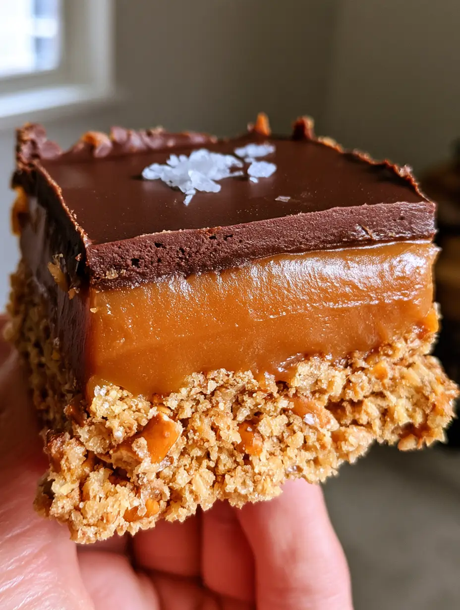 No-Bake Salted Caramel Pretzel Bars with Dark Chocolate 3 A handheld smartphone photo of a square dessert bar with distinct layers of pretzels, amber caramel, and dark chocolate. (No-Bake Salted Caramel Pretzel Bars)