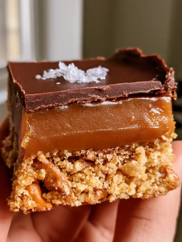 No-Bake Salted Caramel Pretzel Bars with Dark Chocolate 1 Close-up of a square No-Bake Salted Caramel Pretzel Bar held in soft daylight, showing textures of crunchy pretzels and glossy caramel.