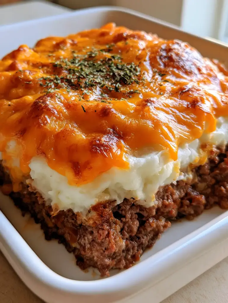 Close-up eye-level shot of a square slice of meatloaf casserole with creamy potatoes and charred orange cheddar. (Cheesy Meatloaf Mashed Potato Casserole)