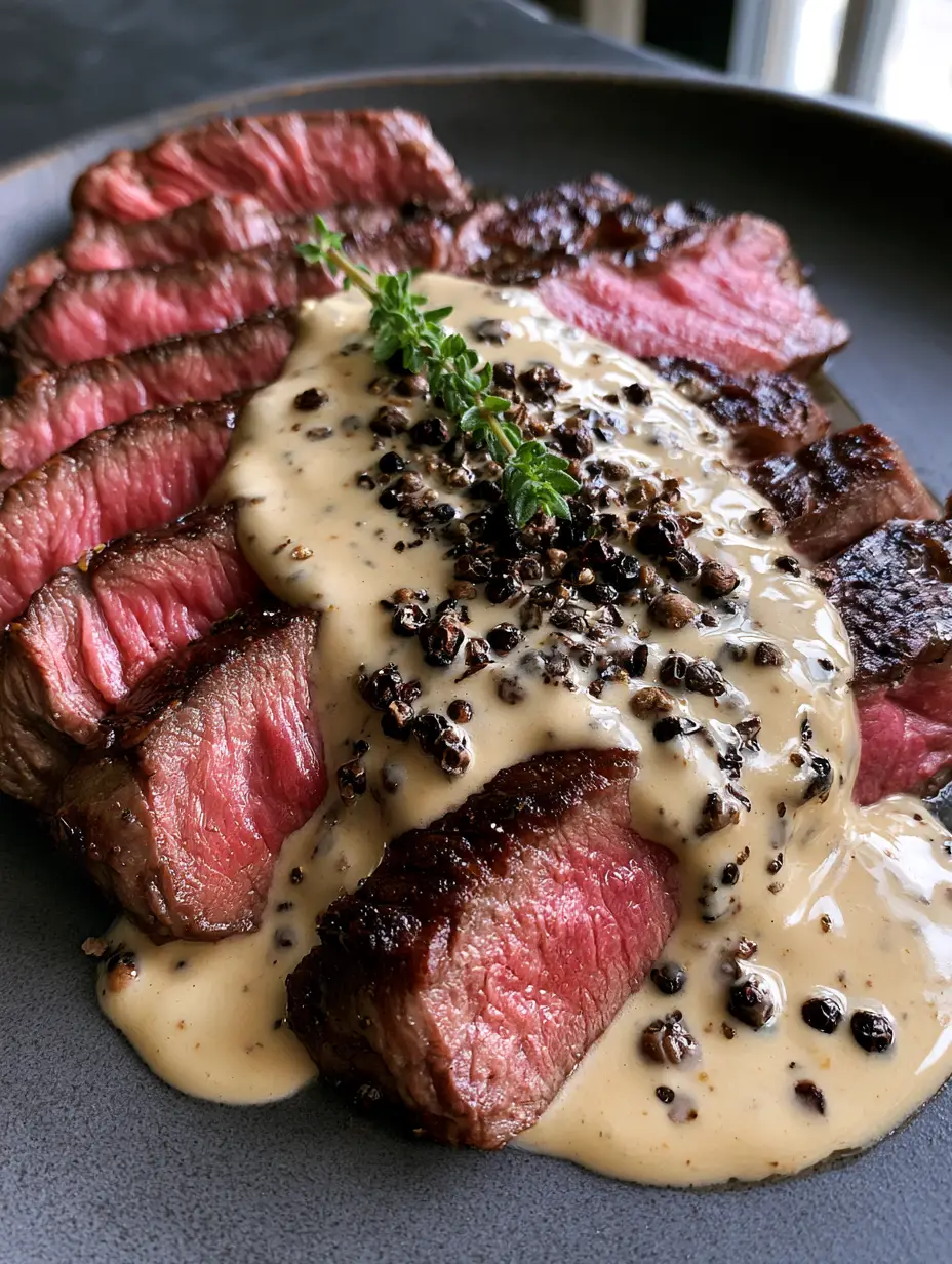 Creamy Peppercorn Sauce: The Ultimate Steakhouse Secret at Home 3 Close up of juicy sliced steak with a thick glossy pale beige Creamy Peppercorn Sauce and whole black peppercorns.
