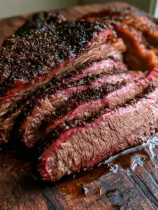 Close-up of sliced Oven Baked Beef Brisket showing juicy interior and thick black pepper seasoning.