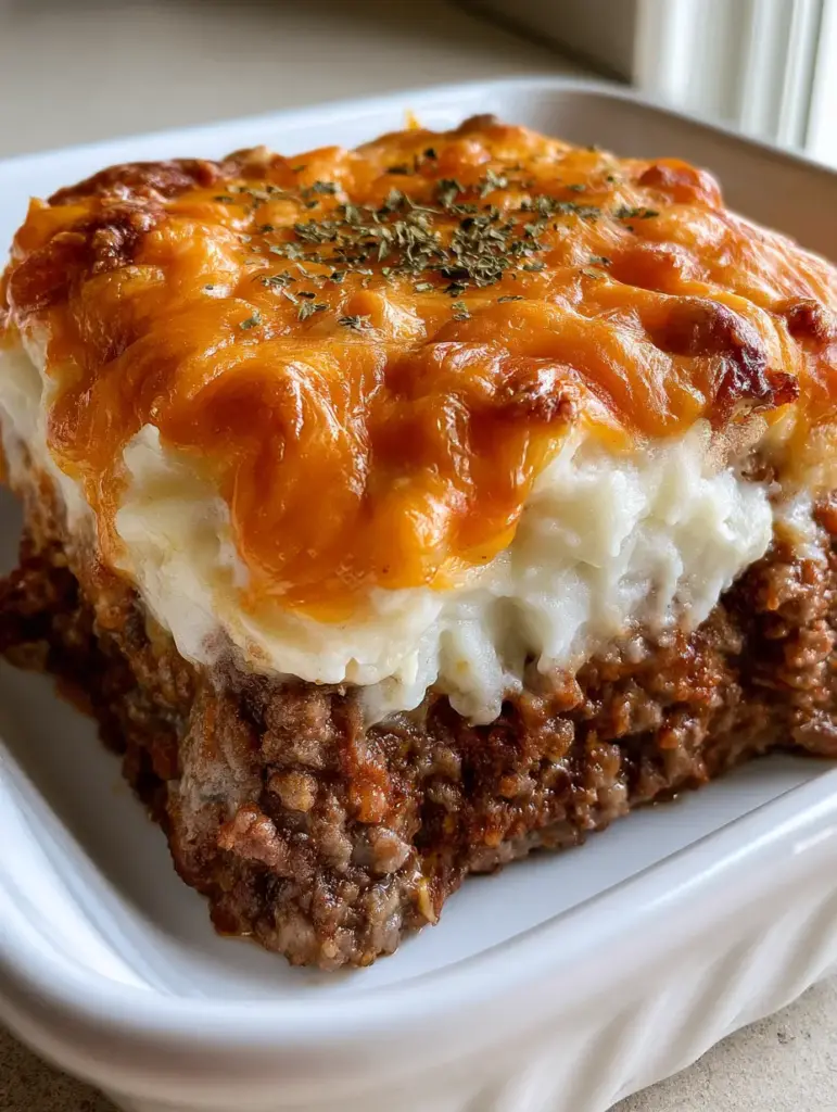 Cheesy Meatloaf Mashed Potato Casserole with Toasted Cheddar 1 Close up view of bubbling melted toasted cheddar cheese with green parsley flakes on top of a meatloaf casserole.
