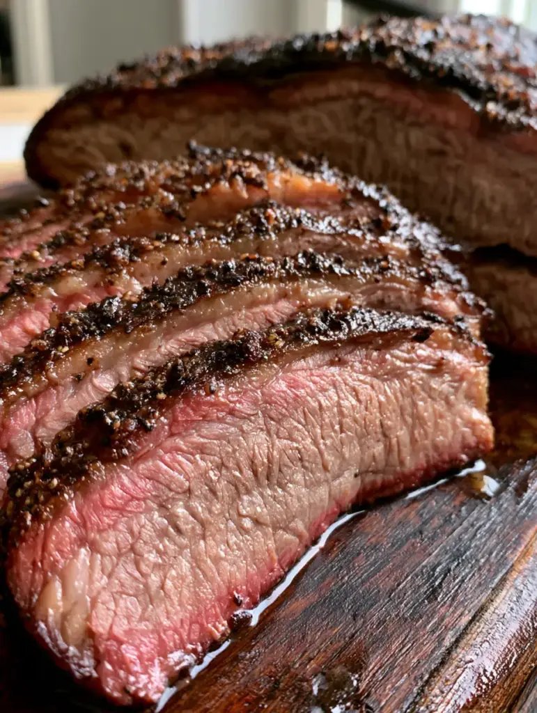 Oven Baked Beef Brisket: The Ultimate Low and Slow Guide to Juicy BBQ 1 Overhead view of Oven Baked Beef Brisket sliced on a rustic cutting board with natural beef juices.