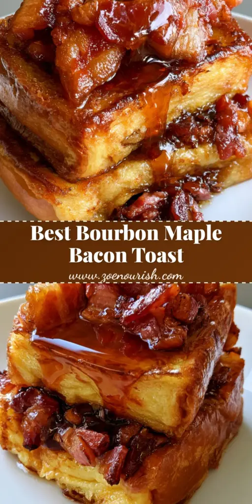 Bourbon Maple Bacon French Toast: The Ultimate Stuffed Brioche Recipe 4 A tall stack of Bourbon Maple Bacon French Toast on a white plate with glossy syrup and crispy bacon strips.
