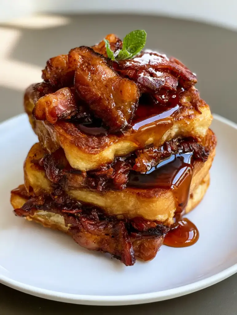 Bourbon Maple Bacon French Toast: The Ultimate Stuffed Brioche Recipe 2 A handheld photo showing the cross-section of stuffed brioche bread with bacon and maple syrup inside. (Bourbon Maple Bacon French Toast)