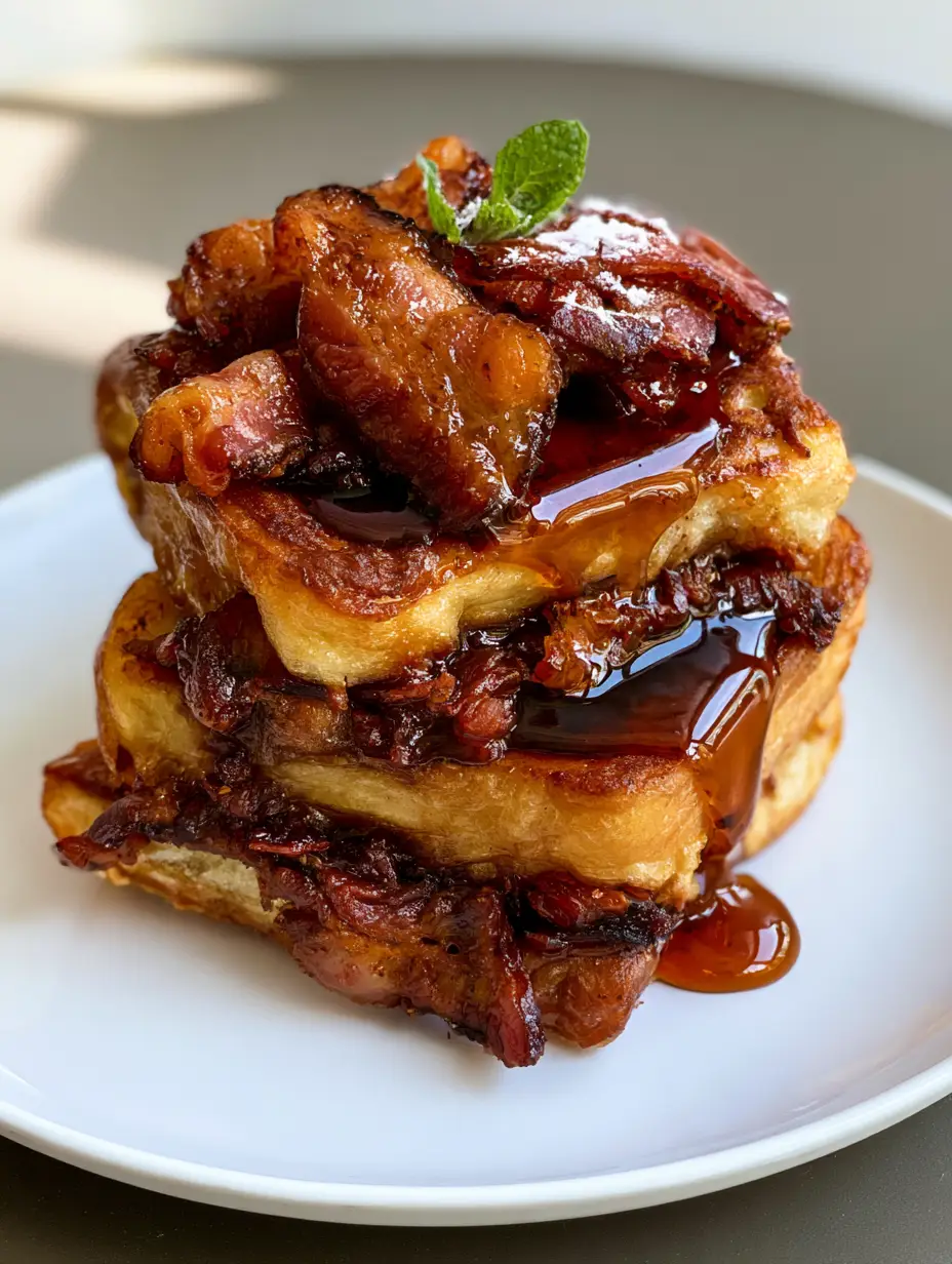 Bourbon Maple Bacon French Toast: The Ultimate Stuffed Brioche Recipe 3 A handheld photo showing the cross-section of stuffed brioche bread with bacon and maple syrup inside. (Bourbon Maple Bacon French Toast)