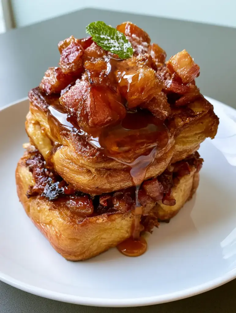 Bourbon Maple Bacon French Toast: The Ultimate Stuffed Brioche Recipe 1 Close up of the glossy bourbon syrup drizzle over golden-brown pan-fried brioche bread.