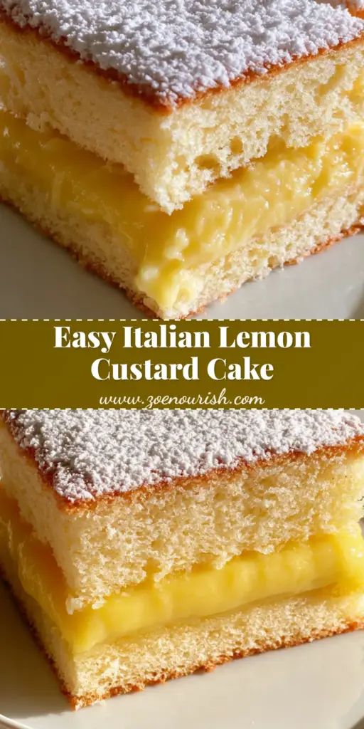Italian Lemon Custard Cake: The Ultimate Creamy Layered Dessert 3 A thick slice of Italian Lemon Custard Cake on a white plate showing two golden sponge layers and a thick yellow custard filling.