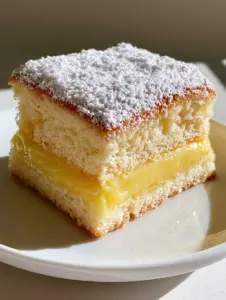 Handheld smartphone photo of a thick slice of Italian Lemon Custard Cake showing the porous sponge texture.