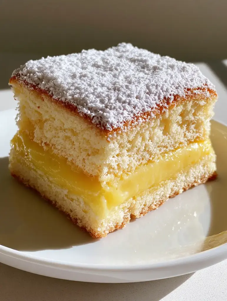 Handheld smartphone photo of a thick slice of Italian Lemon Custard Cake showing the porous sponge texture.