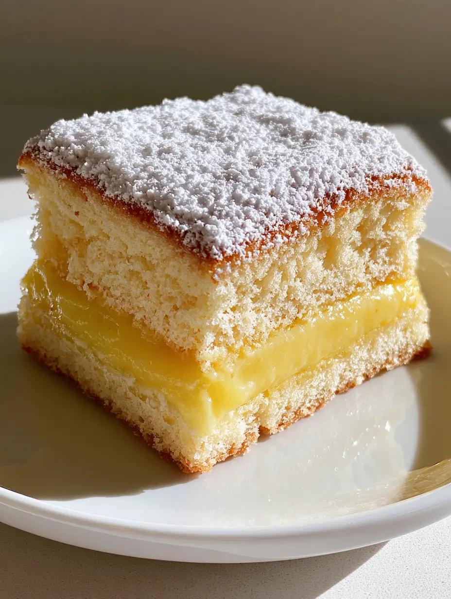Italian Lemon Custard Cake: The Ultimate Creamy Layered Dessert 4 Handheld smartphone photo of a thick slice of Italian Lemon Custard Cake showing the porous sponge texture.