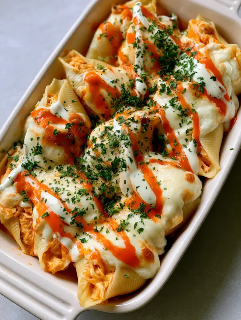 Buffalo Chicken Stuffed Shells: The Ultimate Cheesy Comfort Food 1 Close up shot of tender pasta shells filled with shredded buffalo chicken and drizzled with ranch and buffalo sauce.