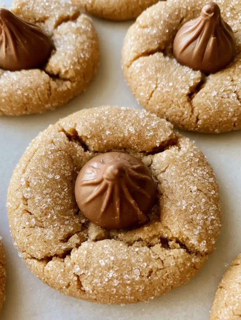 Peanut Butter Blossoms: The Best Soft and Chewy Recipe 1 Peanut Butter Blossoms on a light surface showing characteristic radial cracks around the chocolate kiss.