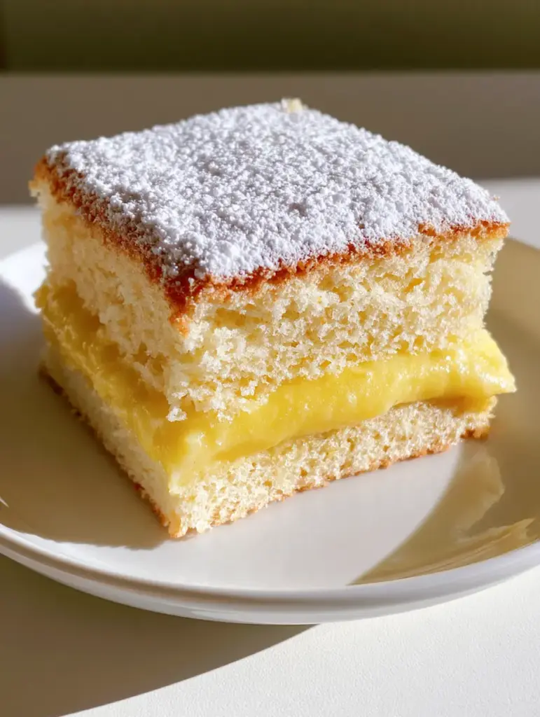 Italian Lemon Custard Cake: The Ultimate Creamy Layered Dessert 1 A side view of the Italian Lemon Custard Cake highlighting the heavy dusting of powdered sugar and vibrant yellow filling.
