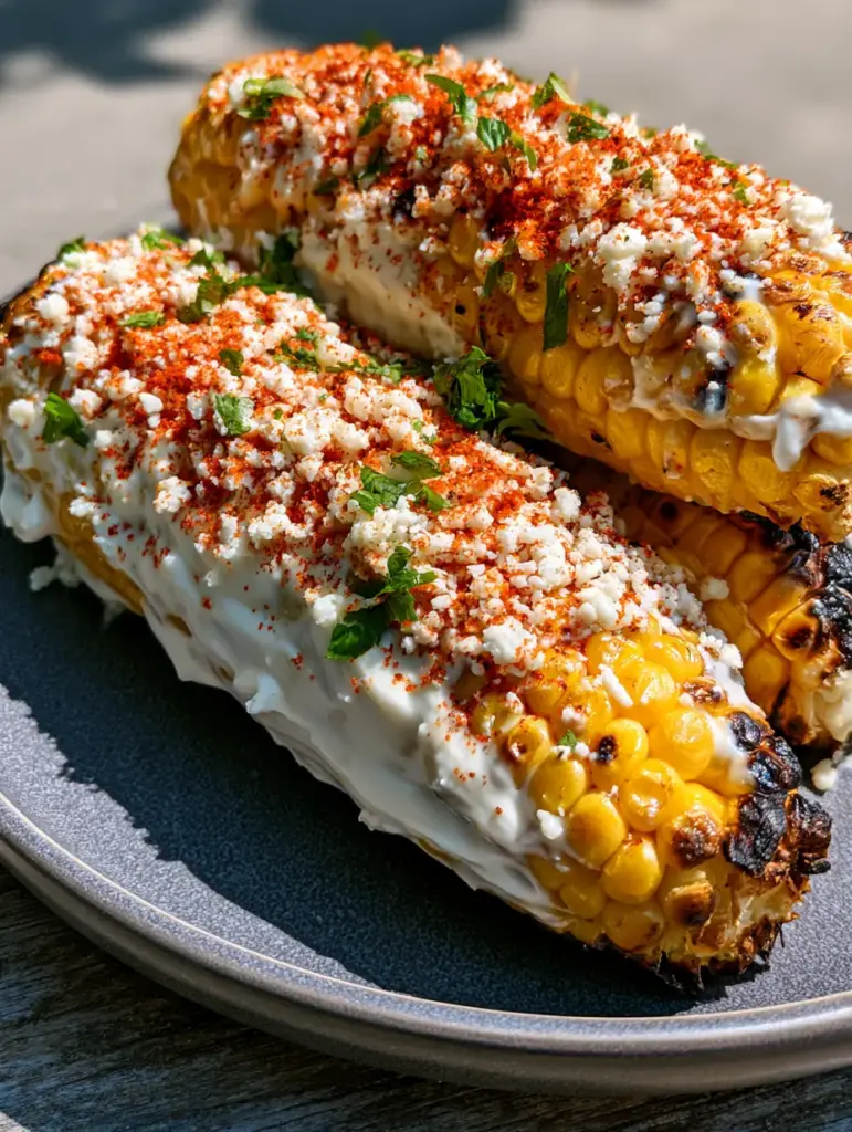 Close-up photo of charred grilled corn with thick Mexican crema and white cotija cheese flakes. (Mexican Street Corn Recipe)