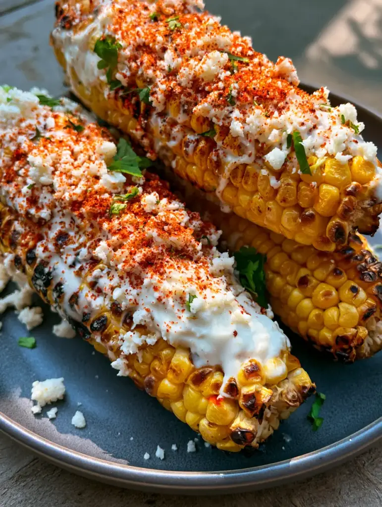 Mexican Street Corn Recipe (Authentic Elotes at Home) 1 Stacked ears of Elotes showing the vibrant red chili powder and fresh green cilantro topping.