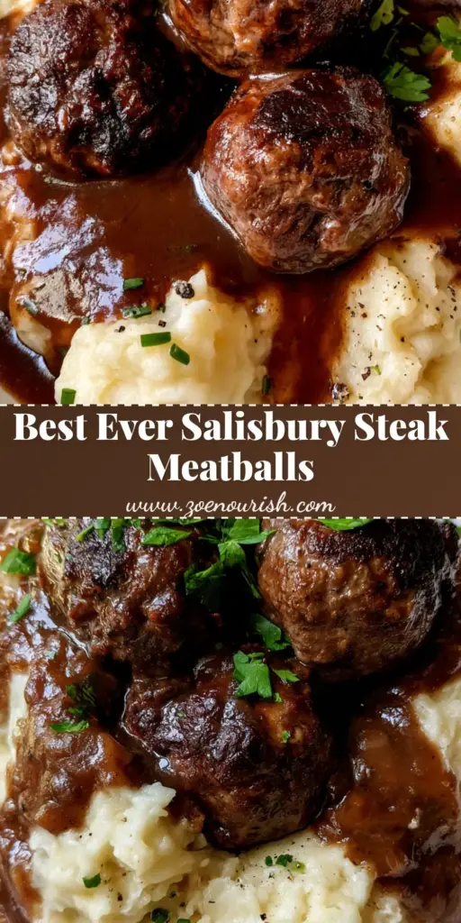 Salisbury Steak Meatballs with Creamy Onion Gravy and Buttery Mashed Potatoes 3 A close-up of Salisbury Steak Meatballs smothered in brown onion gravy over creamy chive mashed potatoes on a white plate.