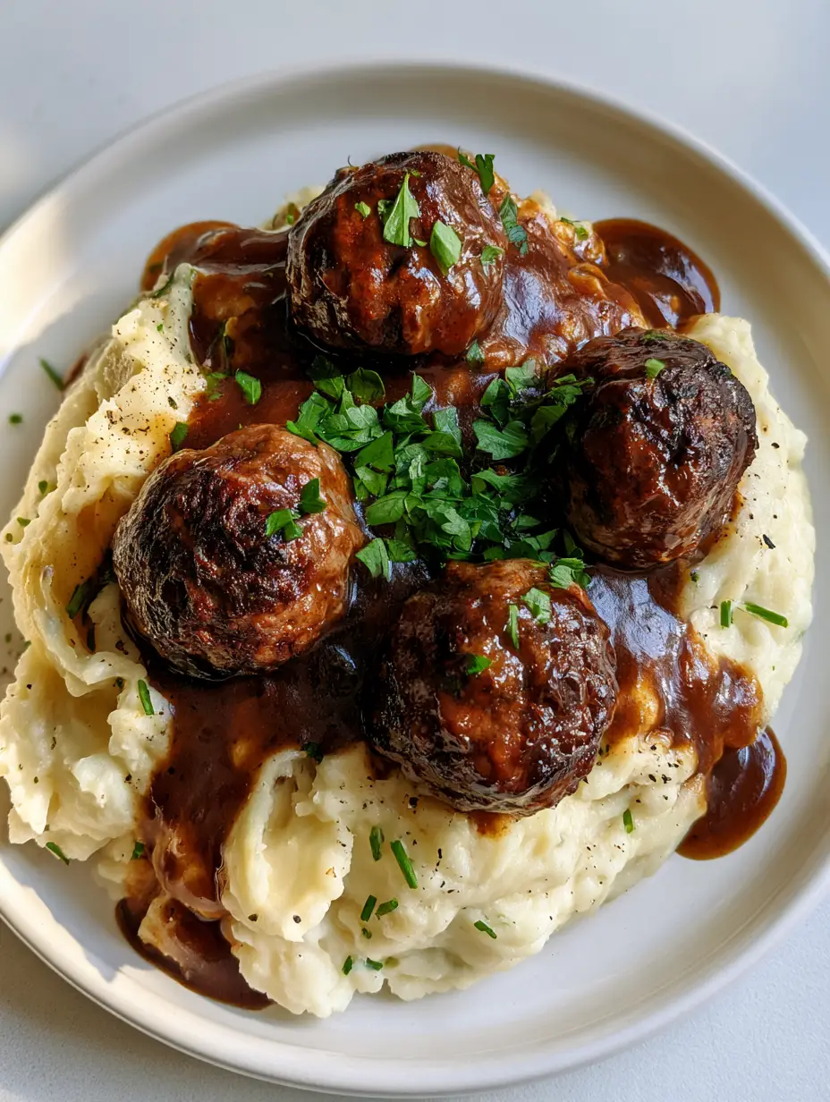Salisbury Steak Meatballs with Creamy Onion Gravy and Buttery Mashed Potatoes 4 Top-down view of Salisbury Steak Meatballs with thick onion gravy and parsley garnish on creamy potatoes.