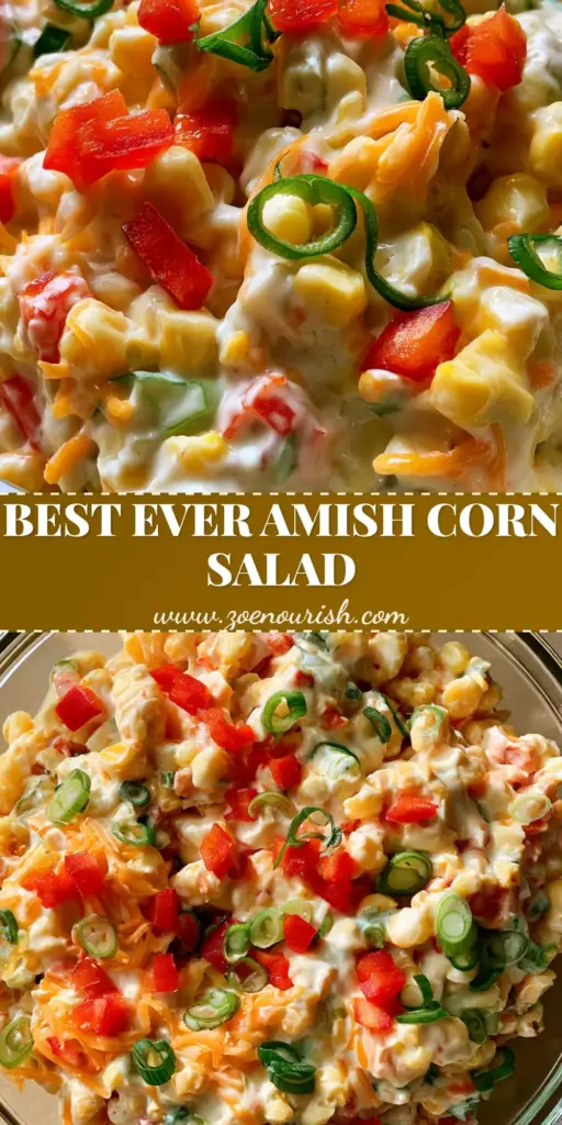 Amish Corn Salad: The Creamiest Old-Fashioned Summer Side Dish 4 A close-up handheld smartphone photo of Amish Corn Salad in a glass bowl featuring steamed yellow corn, red peppers, and orange cheddar in a thick white dressing.