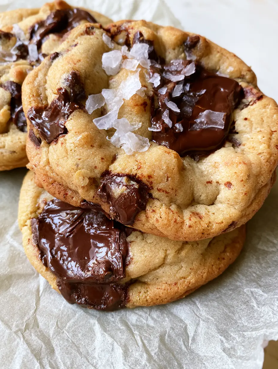 Brown Butter Chocolate Chip Cookies with Flaky Sea Salt 3 Close-up of golden-tan Brown Butter Chocolate Chip Cookies showing rippled crispy edges and pools of melted dark chocolate chunks.