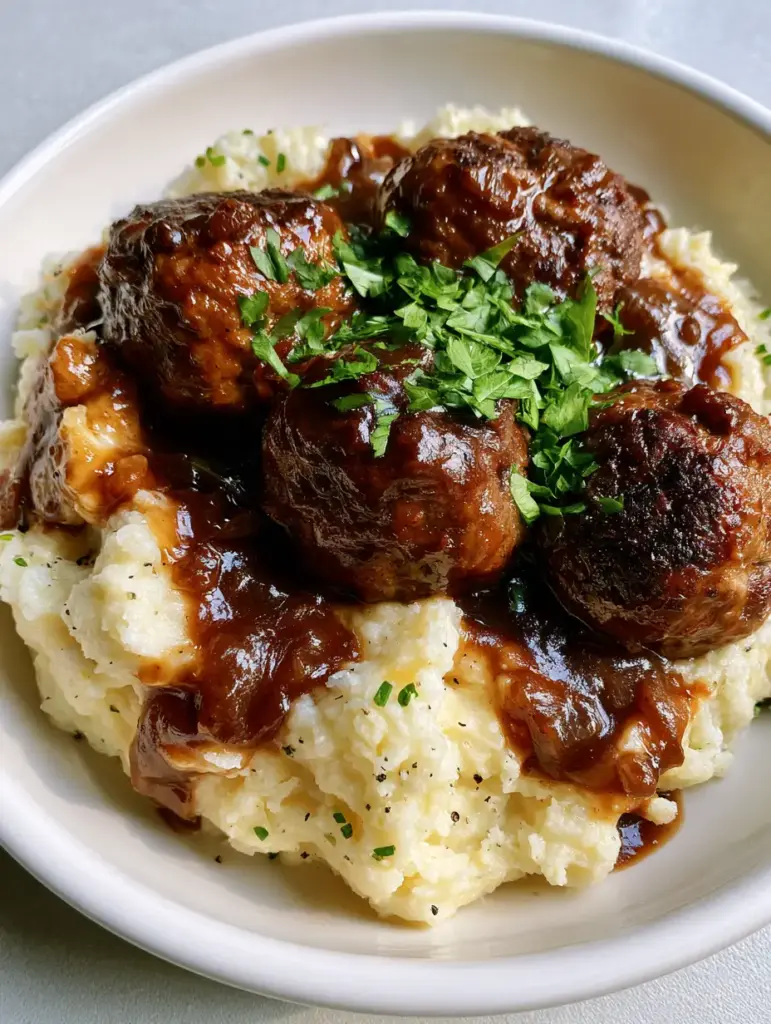 Salisbury Steak Meatballs with Creamy Onion Gravy and Buttery Mashed Potatoes 1 Juicy seared beef Salisbury Steak Meatballs on a bed of buttery chive mashed potatoes.
