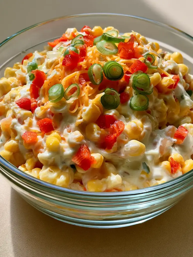 Detailed shot of Amish Corn Salad showing the texture of steamed yellow corn and shredded orange cheddar cheese.
