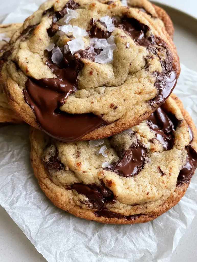Brown Butter Chocolate Chip Cookies with Flaky Sea Salt 1 Thick Brown Butter Chocolate Chip Cookies with flaky sea salt crystals scattered across the surface on a light gray parchment paper.