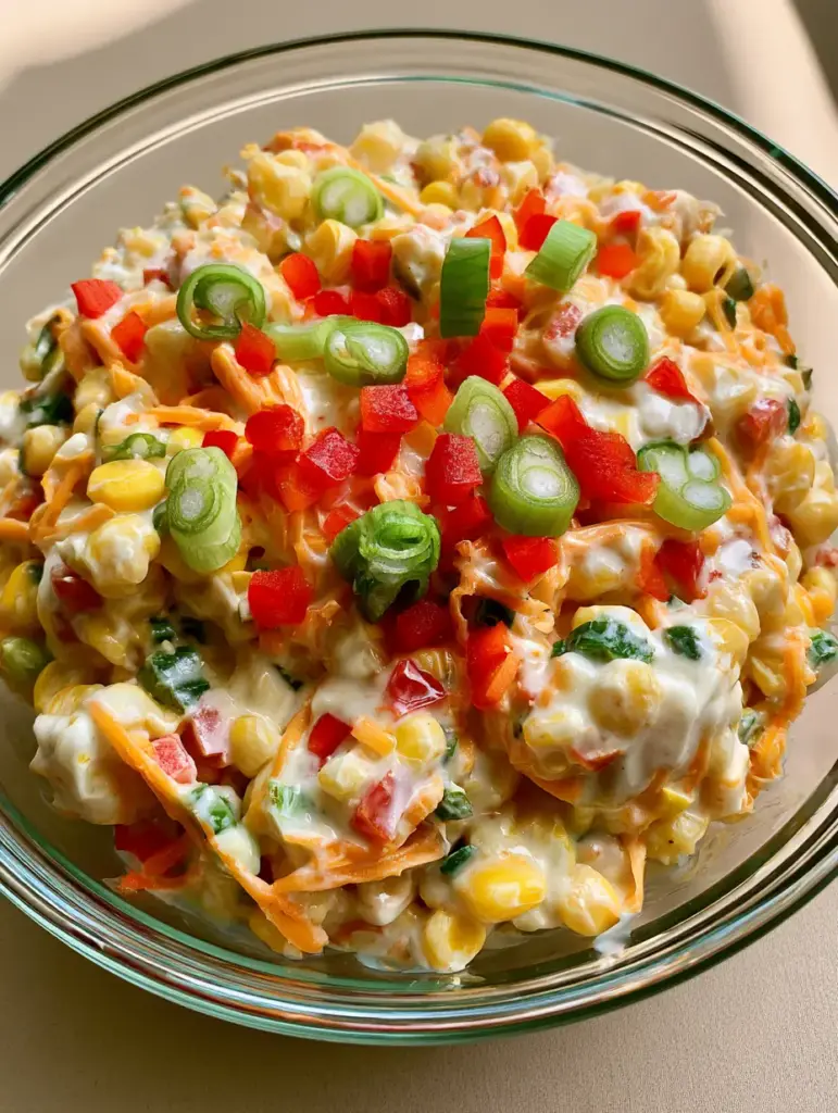 Amish Corn Salad: The Creamiest Old-Fashioned Summer Side Dish 1 Amish Corn Salad served in a clear glass bowl against a neutral beige background.