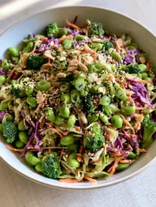 Overhead view of Asian Cabbage Salad showing the texture of shredded purple cabbage and raw broccoli florets.