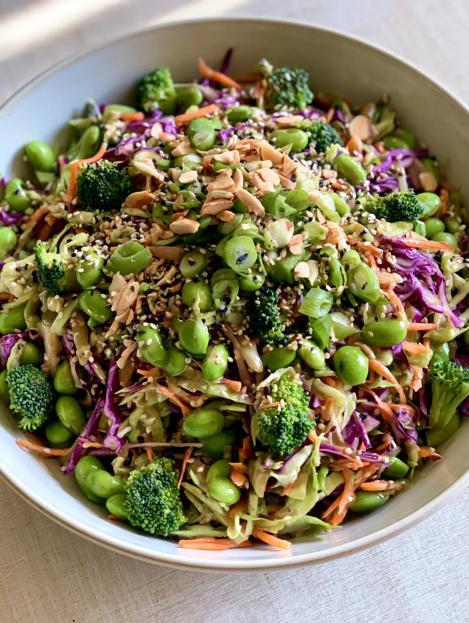 Asian Cabbage Salad with Sesame Ginger Dressing and Crunchy Almonds 4 Overhead view of Asian Cabbage Salad showing the texture of shredded purple cabbage and raw broccoli florets.