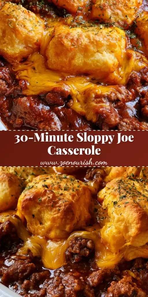 Sloppy Joe Biscuit Casserole: The Ultimate 30-Minute Family Dinner 4 A close-up of Sloppy Joe Biscuit Casserole featuring golden-brown biscuit chunks and melted cheddar cheese in a white dish.