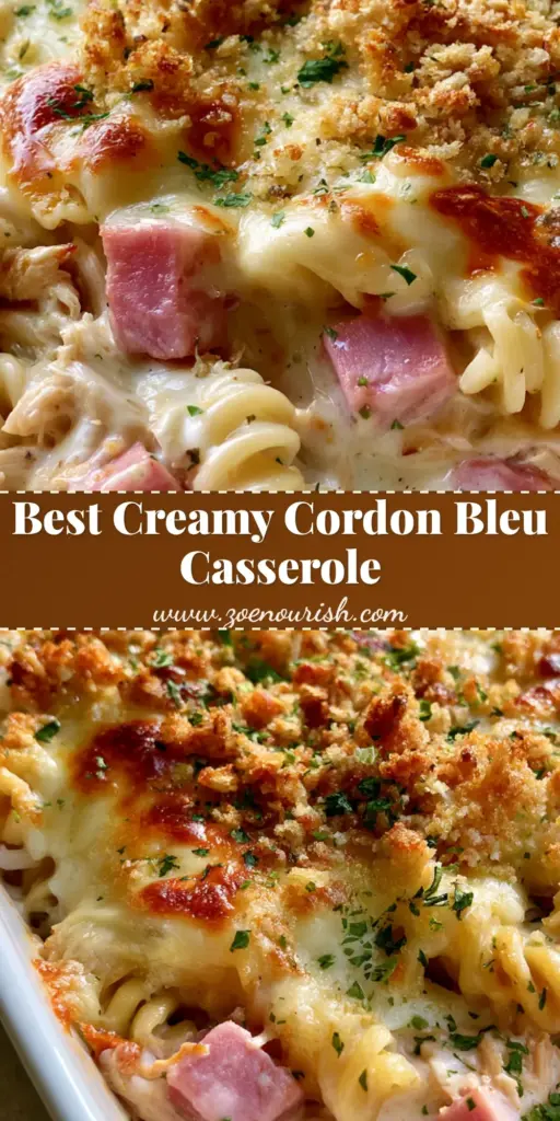 Chicken Cordon Bleu Casserole: The Ultimate Creamy Pasta Bake 4 A handheld smartphone photo of a Chicken Cordon Bleu Casserole in a white dish, featuring rotini pasta, ham, chicken, melted Swiss cheese, and golden panko breadcrumbs.