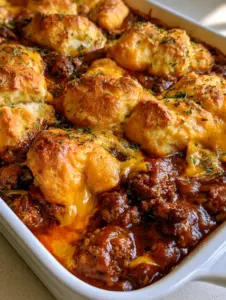 High-angle shot of a Sloppy Joe Biscuit Casserole with thick reddish sauce and flaky biscuit topping.